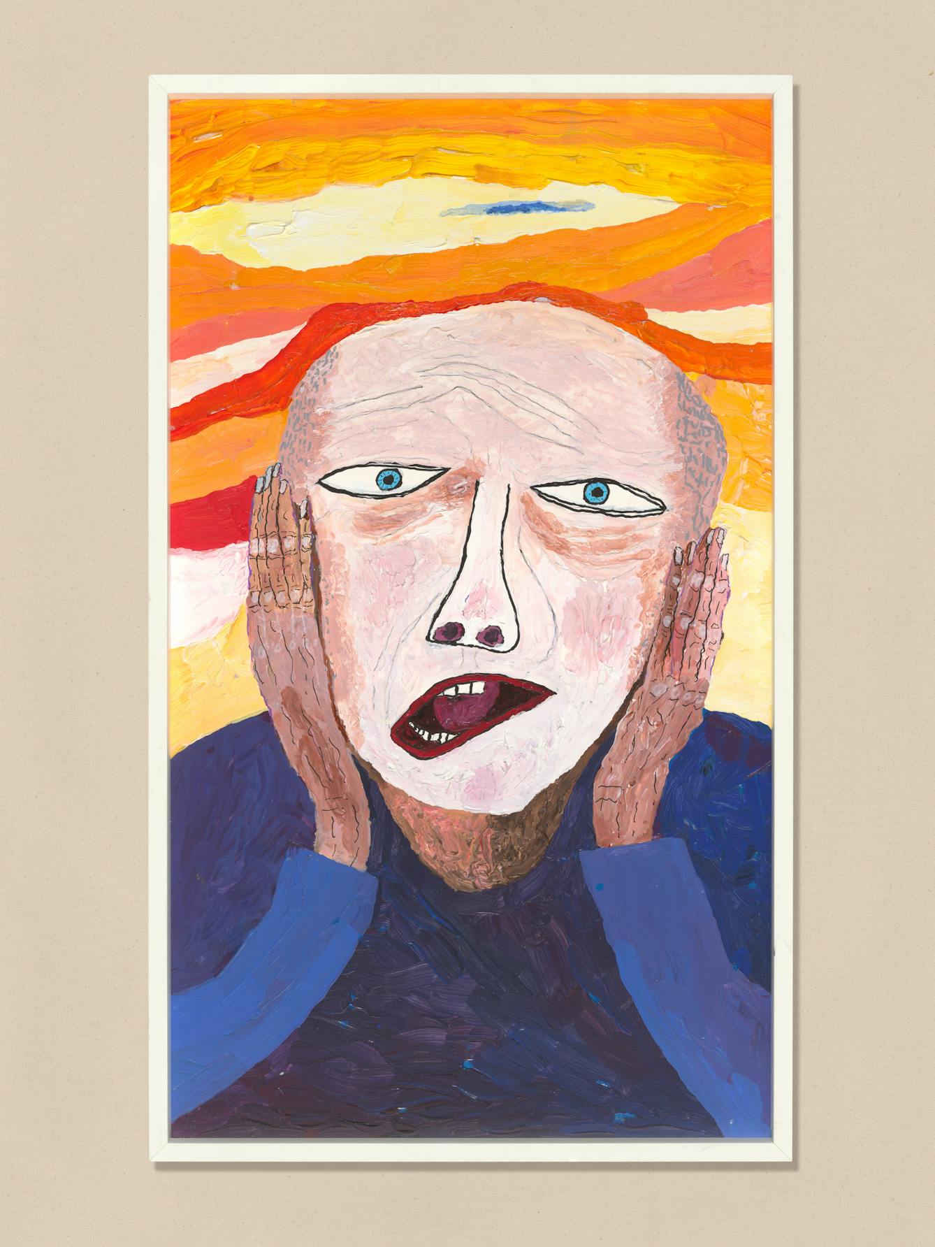 Acrylic on canvas artwork by Chris Miller titled ‘My Scream’. In the artwork, a man is holding is head with both his hands and appears to be screaming.  The man and surrounding landscape are visibly distorted.