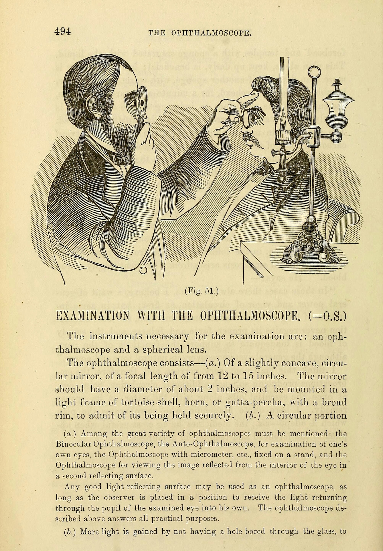A page titled "Examination with the ophthalmoscope". The top half of the page is a line engraving of a bearded 19th century man holding an ophthalmoscope to his eye with one hand and a lens with a handle in the other hand. The lens is help up to the eye of another seated man in front of him. The bearded man looks through the the ophthalmoscope and lens into the other man's eye. Beside them on a desk is a paraffin or oil fuelled light. The lower half of the page is a detailed description of the ophthalmoscope and it's function.