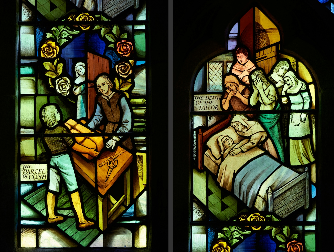 Photographic diptych showing modern stained glass windows in St Lawrence's Church in Eyam depicting scenes from the plague of 1665/6. On the left the image depicts the parcel arriving from London containing the contaminated cloth. On the right the image shows crying villagers surrounding the bed of a person suffering from the plague.