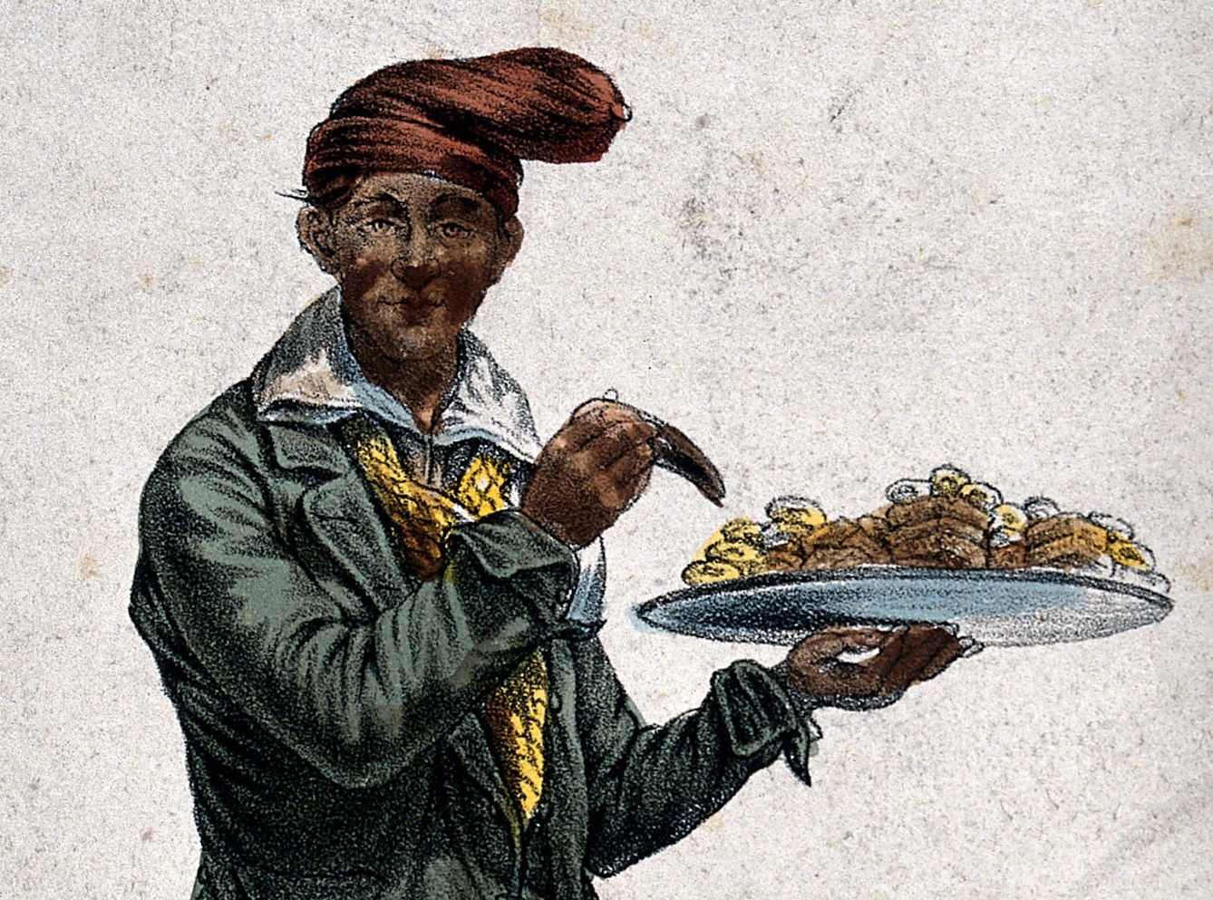 A colour lithograph showing a man with a closed mouth holding a tray of cakes.