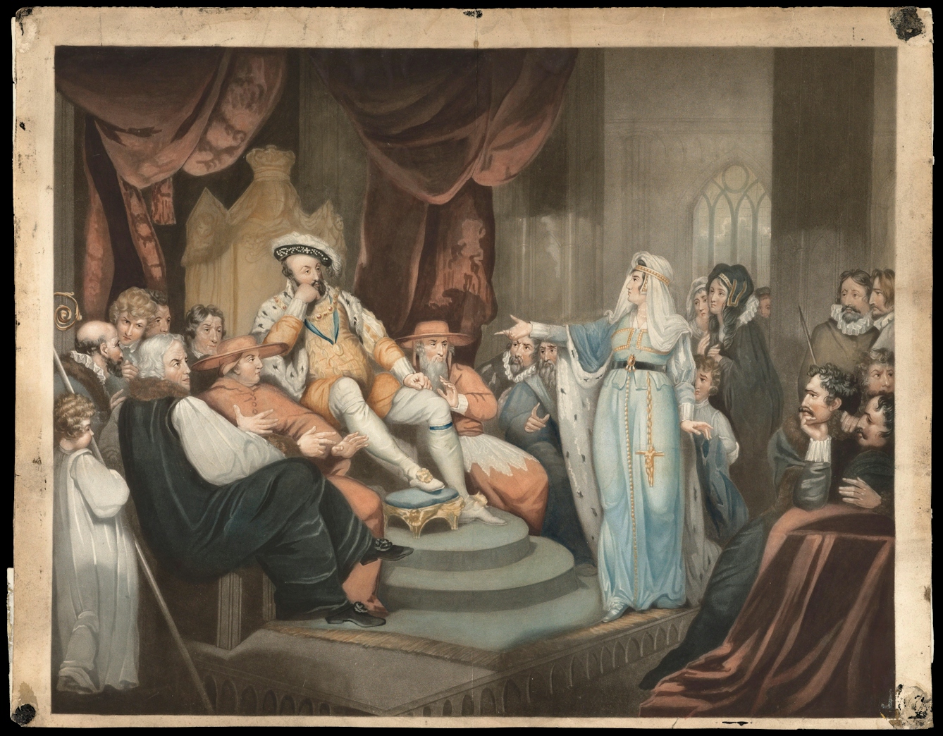 Coloured mezzotint showing Catharine of Aragon pleading her cause before King Henry VIII. Her right arm is outstretched to the King, who is leaning back on his throne. The room is crowded with anxious spectators. 