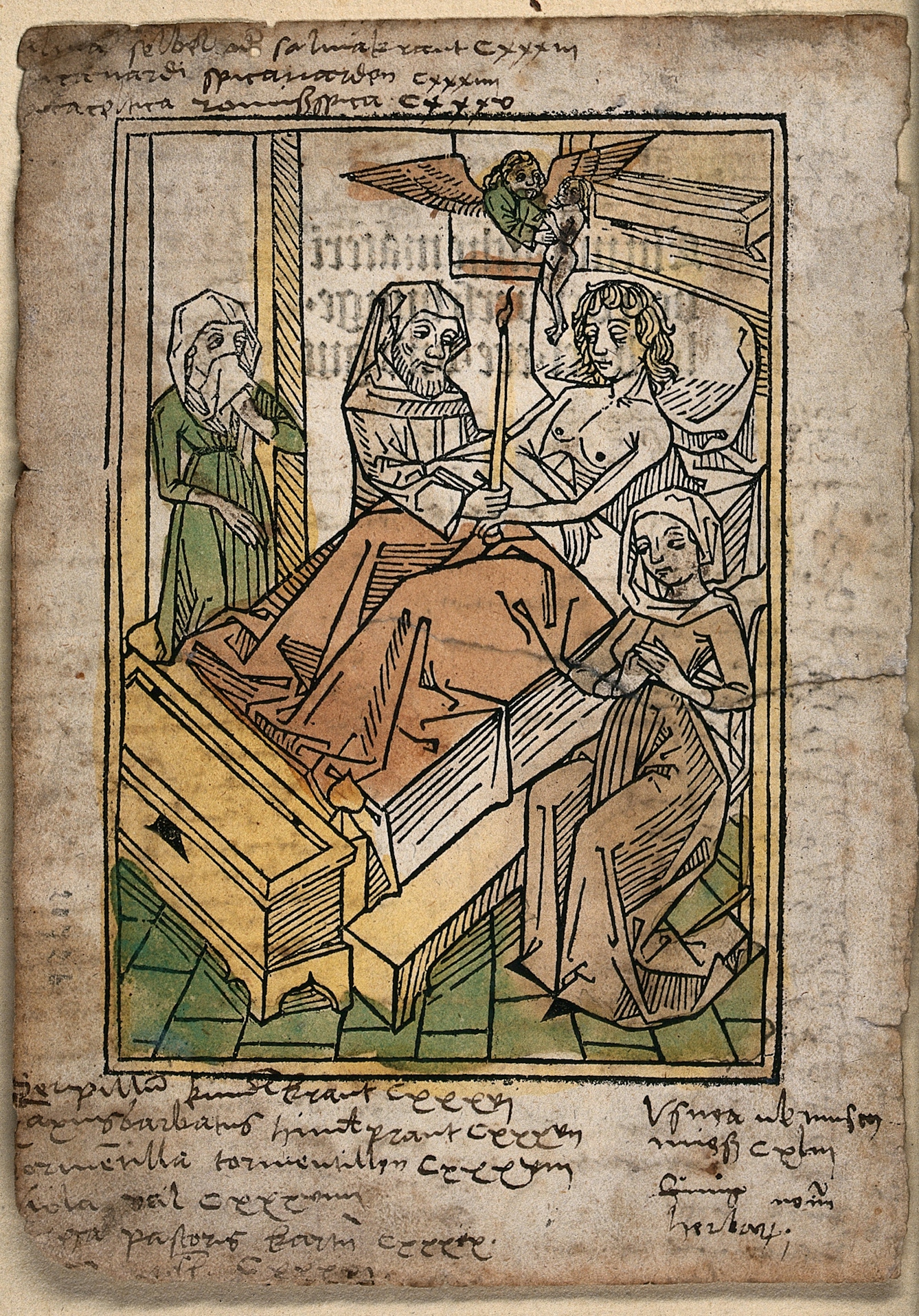 A woodcut image, showing a man lying in bed surrounded by a priest and two women.