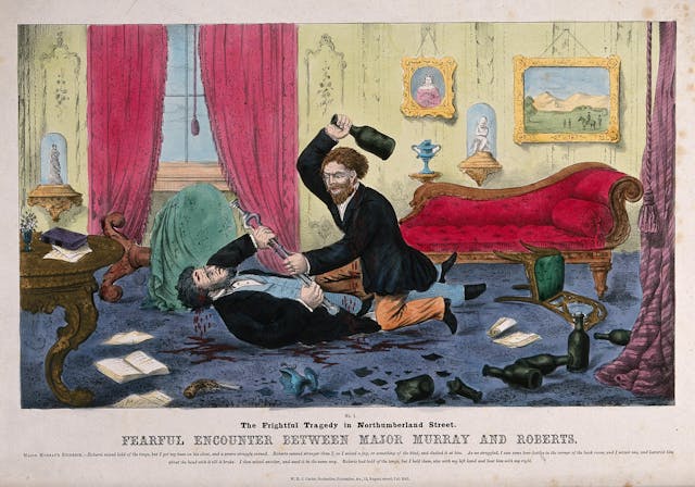 A colour illustration featuring two adult men fighting. The fight is taking place inside a domestic living space, with a red chaise longue in the background. One of the men is lying on the floor while the other man looms other him menacingly, brandishing a bottle. The men are grappling over a long metal object. The man on the floor is bleeding from the head. They are surrounded by broken bottles and furniture that has been knocked over.