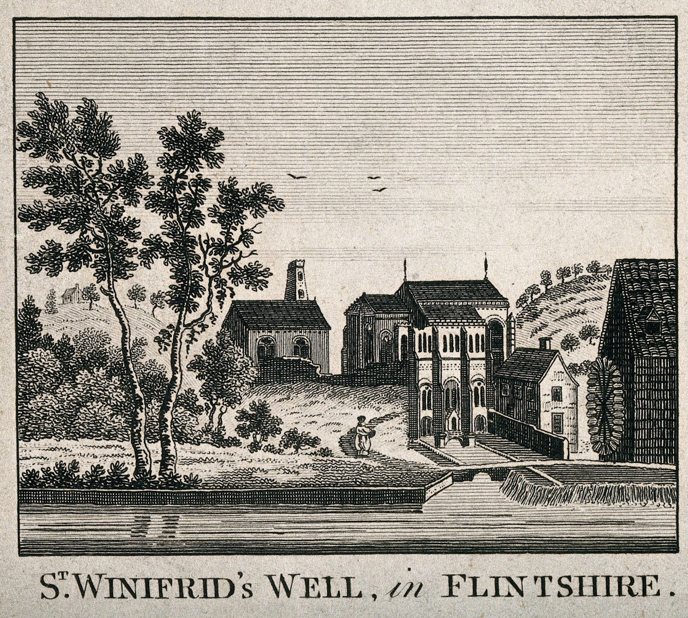 Black ink line engraving of St. Winifred's Well, in Flintshire, showing the building, water wheel and well. 
