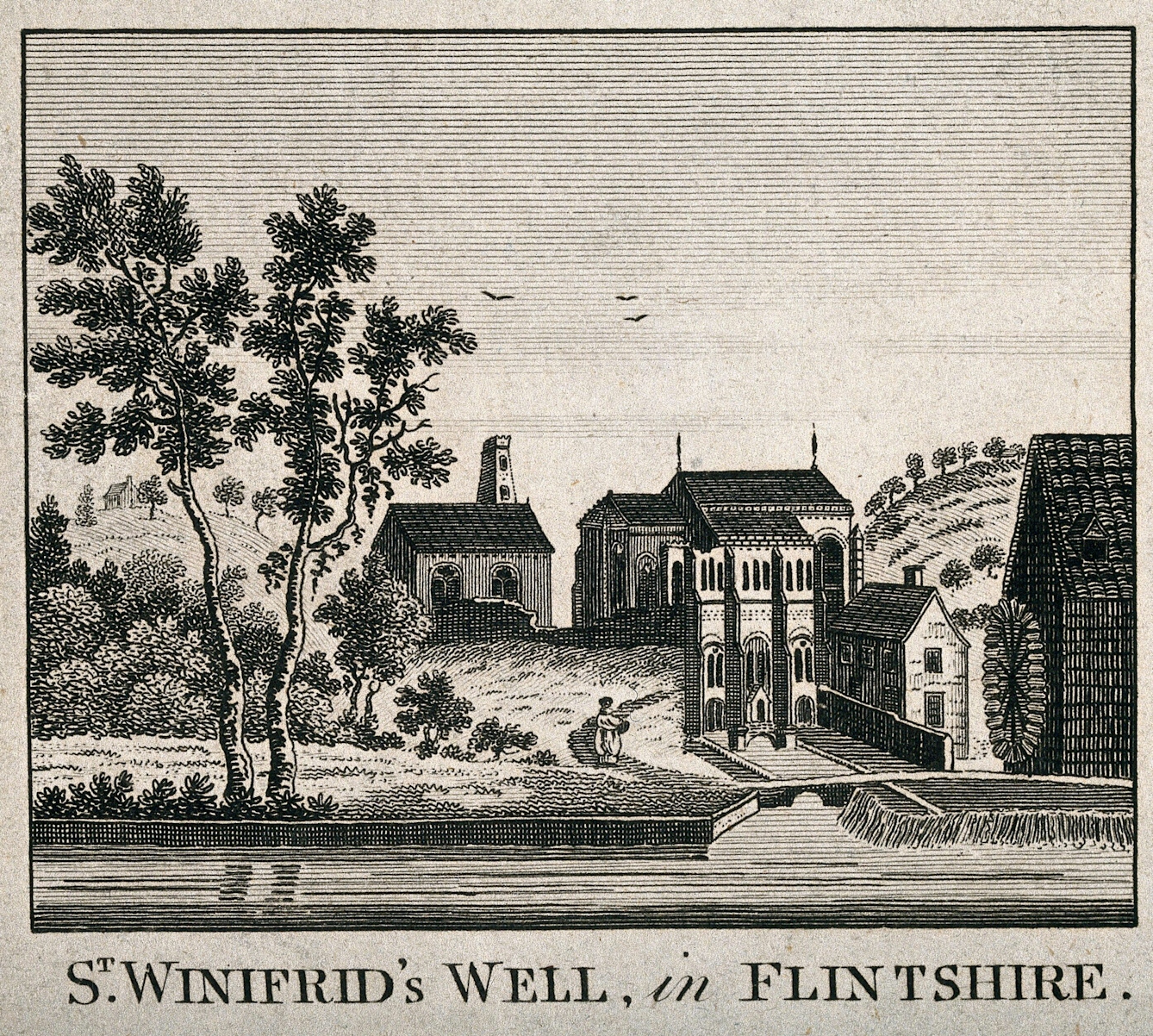 Black ink line engraving of St. Winifred's Well, in Flintshire, showing the building, water wheel and well.