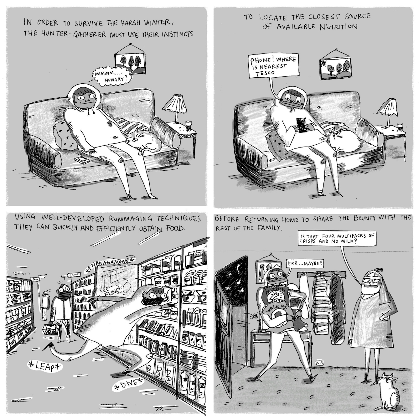 Webcomic comprising four panels showing someone engaging in food shopping in the format of a modern hunter-gatherer.