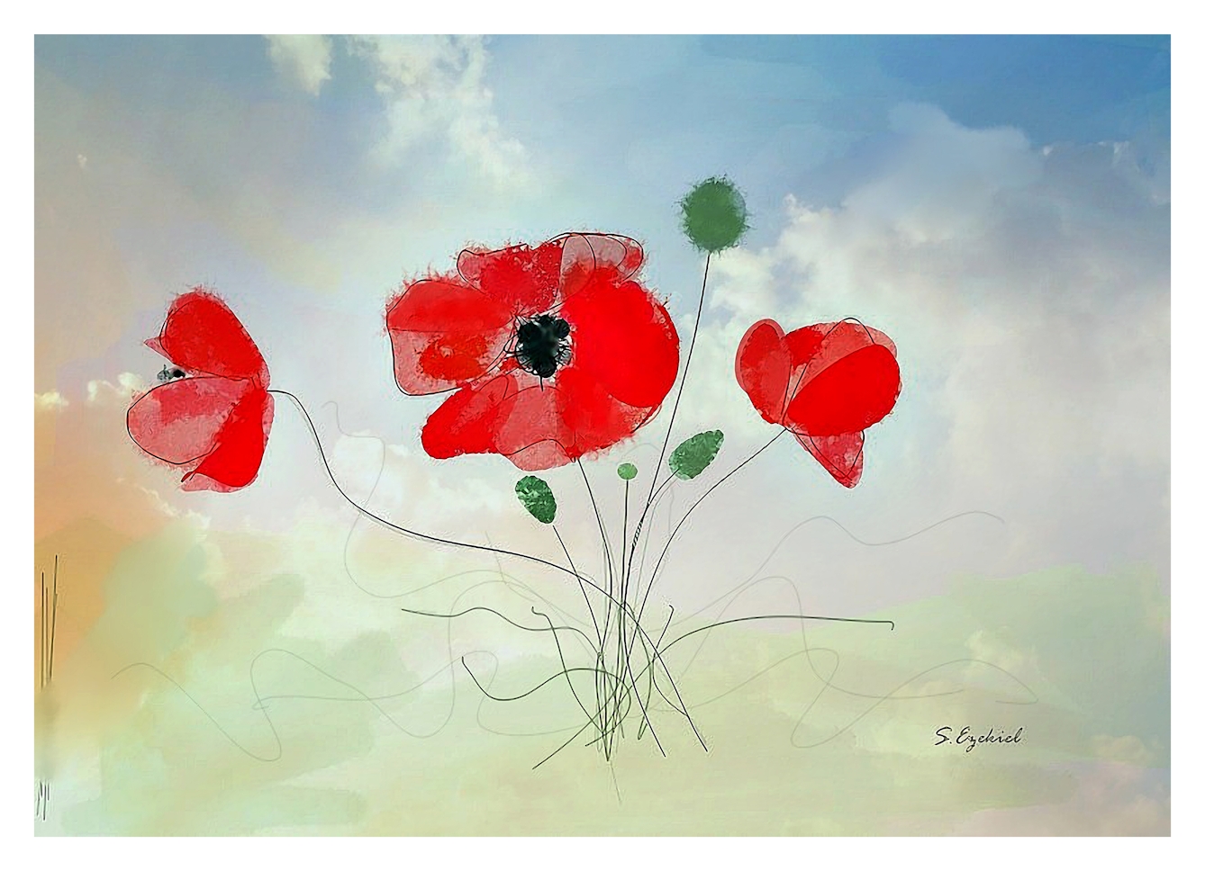 Digital artwork depicting a clutch of red poppies floating against a watercolour-like background of pastel colours reflecting a blue sky and cloudscape and a green landscape. To the right of the poppies the artwork is signed, 'S. Ezekiel'.