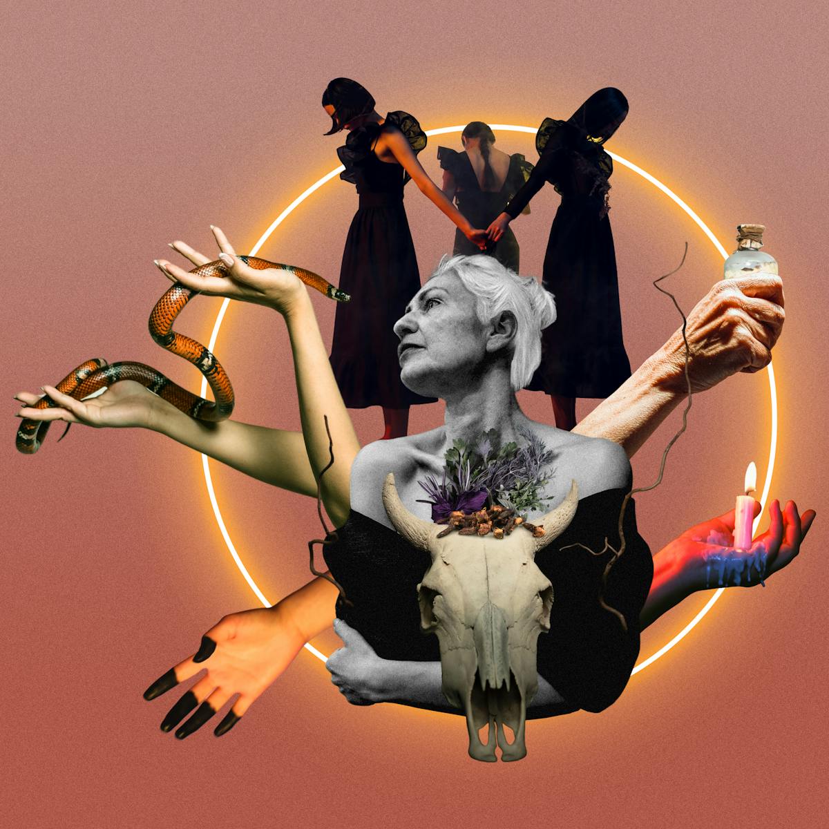 Digital collage artwork made up of red, orange and black and white hues. A cluster of collaged element at the centre of the image sit within a glowing circular yellow line. The atmosphere is one of the occult and witchcraft, with hands holding serpents, bottles filled with potions, candles and animal skulls.