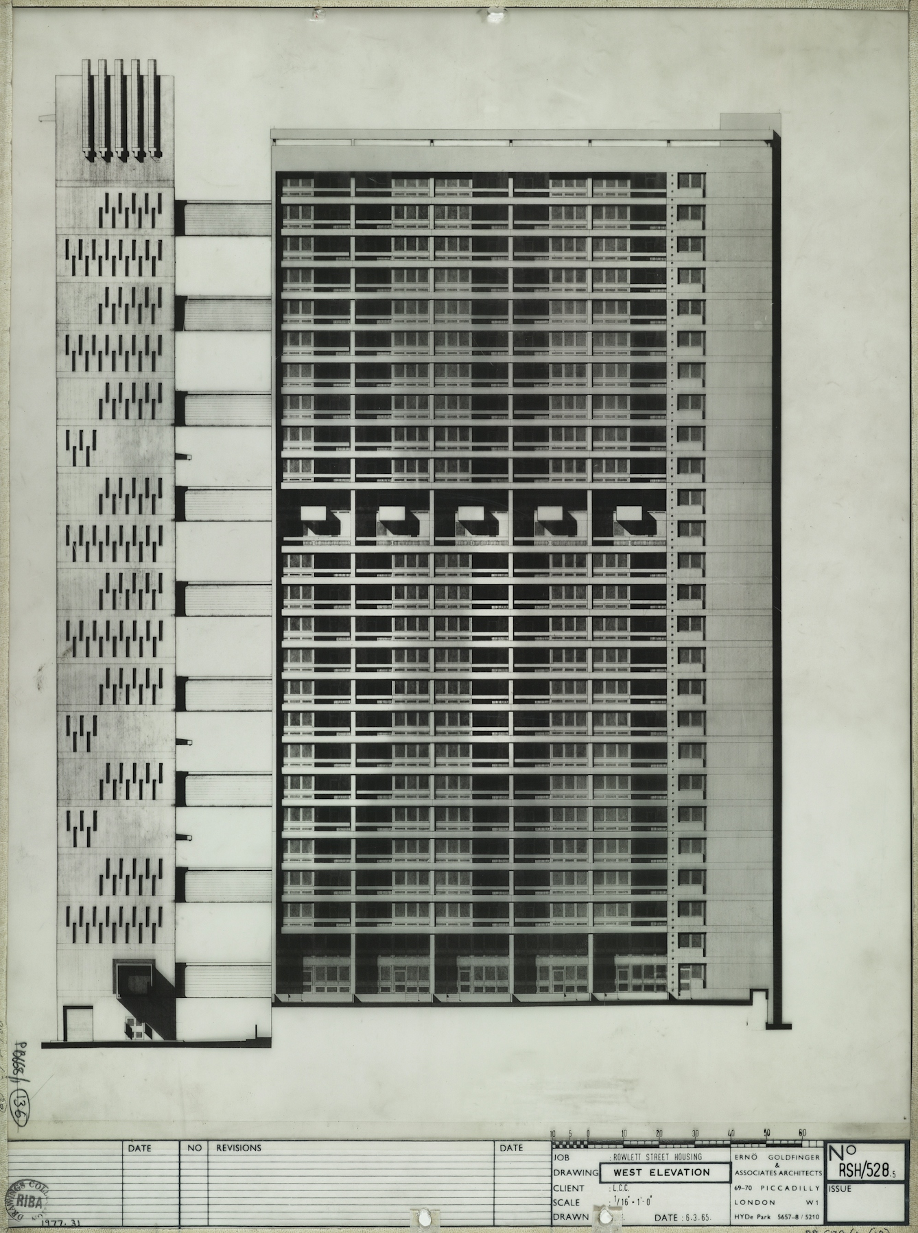 Black-and-white designs for Balfront Tower. At the bottom of the print it reads: Rowlett Street Housing, West Elevation. Date: 6.3.65 Erno Goldfinger and Associates Archtitects, 69-70 Piccadilly London W1 Hyde Park. No RSH 528.5