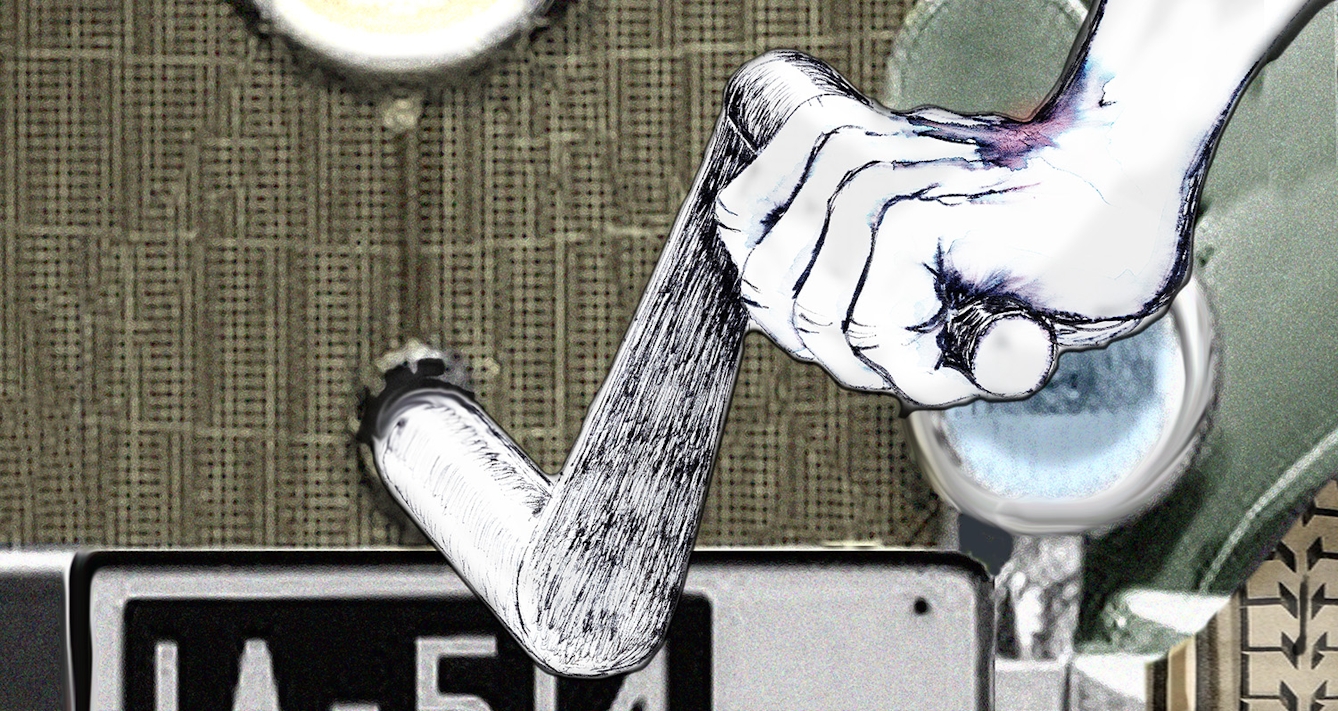 Photograph of a mixed media artwork incorporating photography, watercolour paint and ink sketching. Shown is a hand gripping a rotating lever on a car. There is a photograph of a number plate and the rear light of a car in the background.