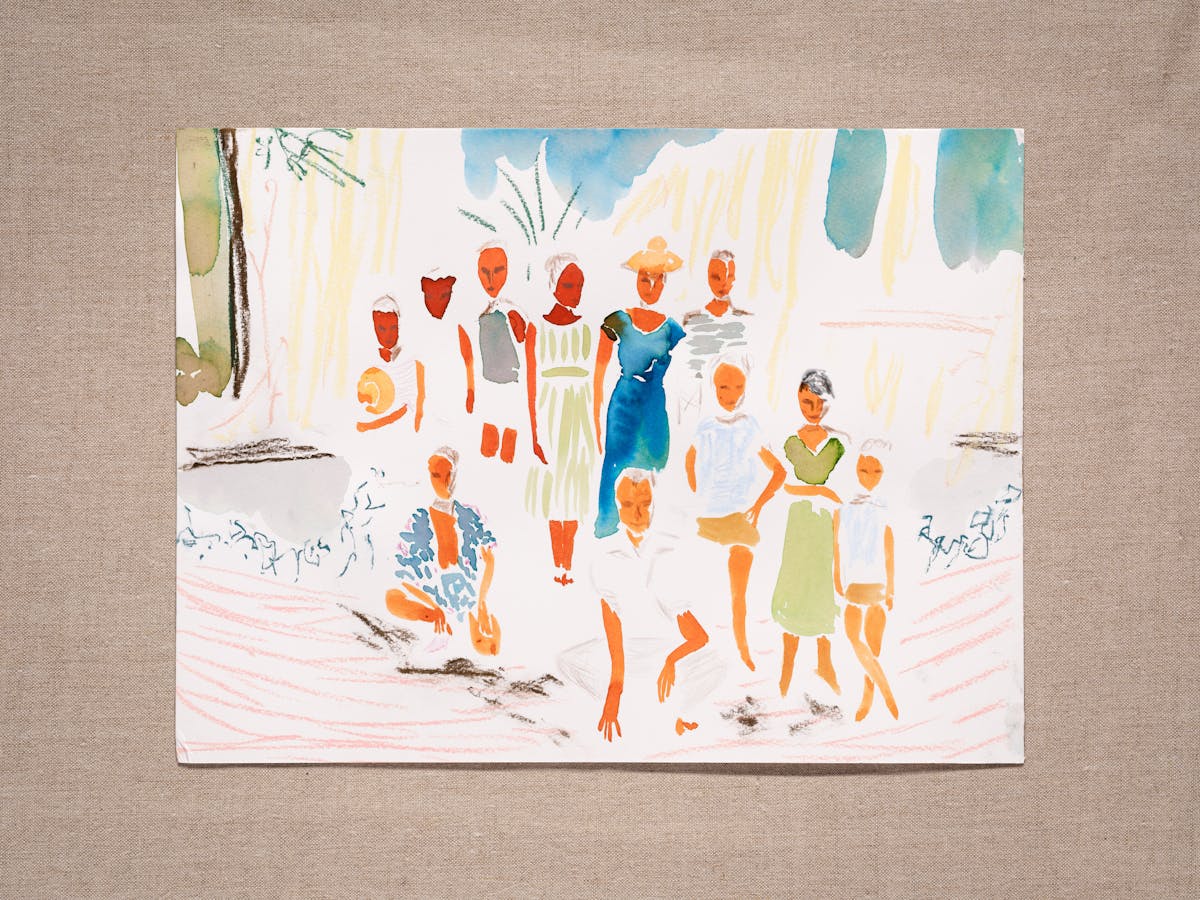 Colour watercolour painting resting on a brown fabric background. The painting shows a large family posing for a group portrait in what looks like a summer Mediterranean climate.