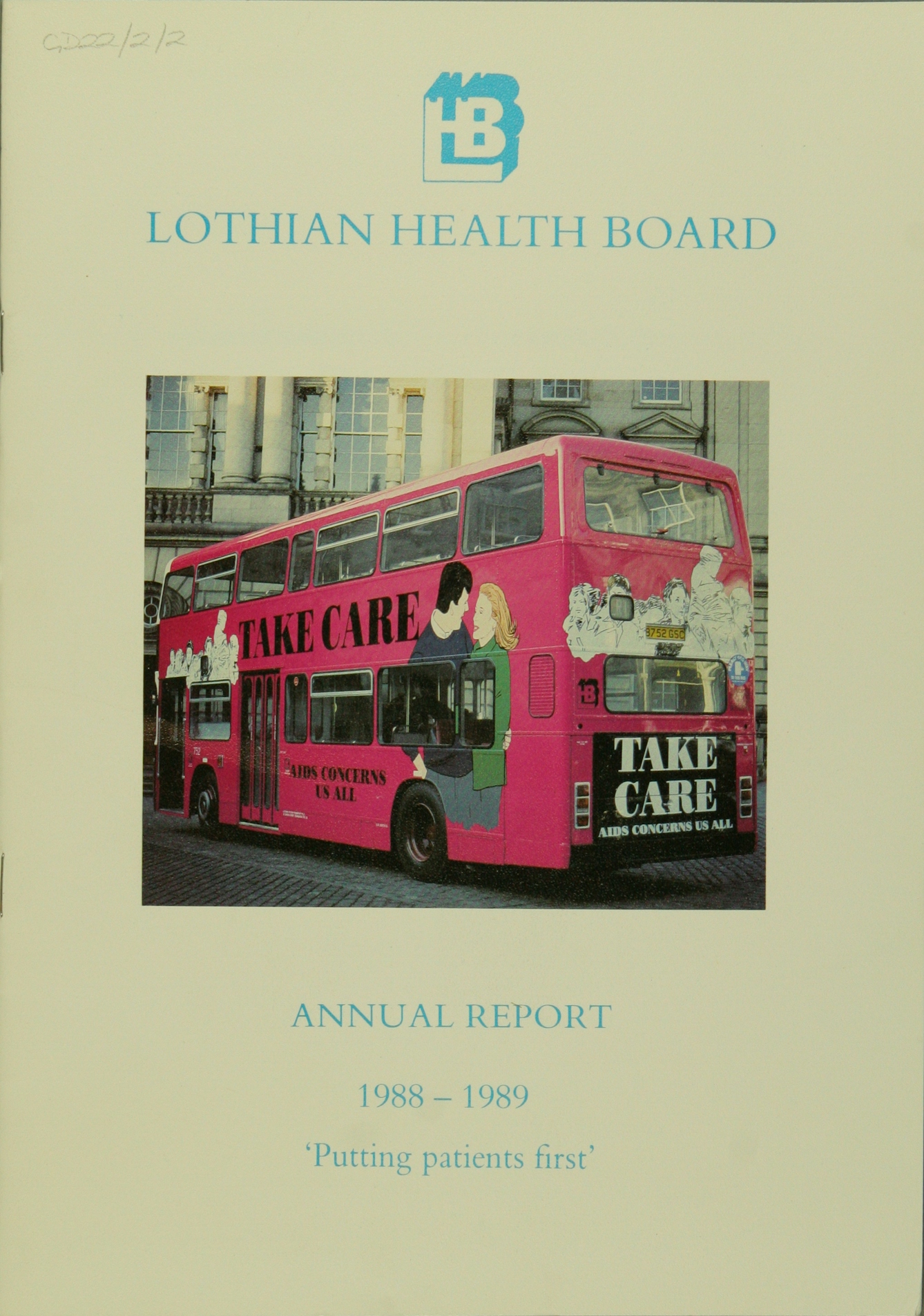 Colour image of the front cover if the Lothian Health Board annual report for 1988-89, featuring a pink bus that says "Take care" in large letters and AIDS concerns us all" in smaller letters at the base of the bus. 
