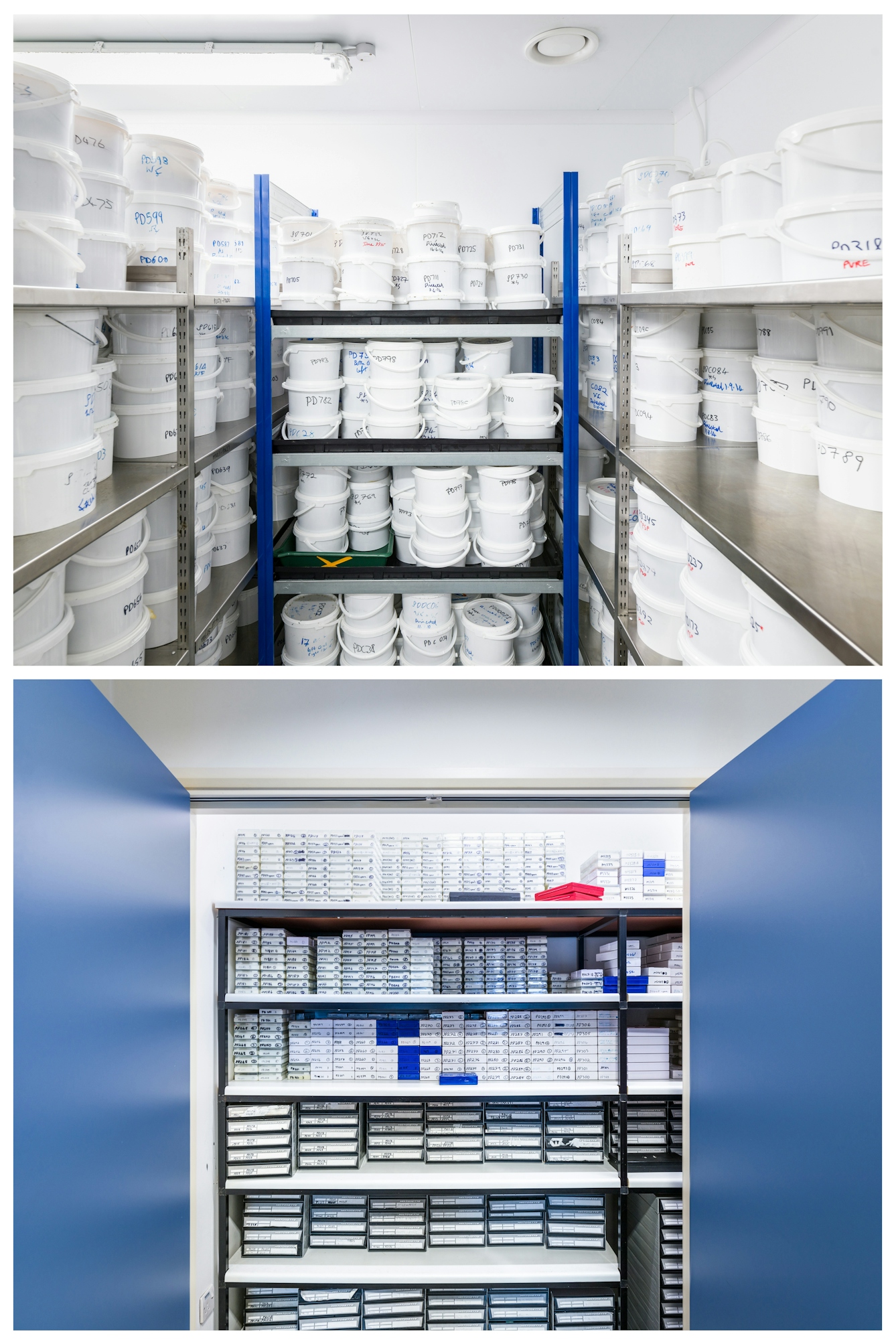 Two photographs, one above the other showing in one image a large number of white sealed plastic containers stored in a climate controlled room, each with a hand written reference number on it. The other image shows a neatly organised storage cupboard full of catalogued sample boxes.