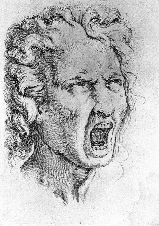 Black and white line engraving showing a screaming man’s face.