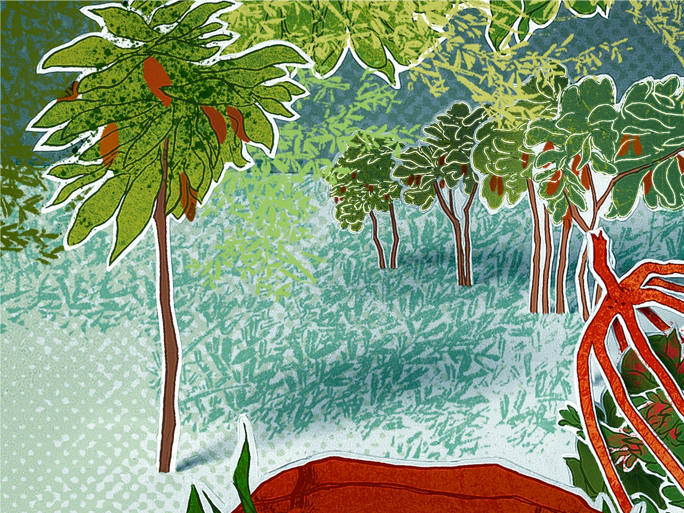 Photograph of a papercut 3D artwork. Detail from a larger artwork, showing two brunette children, possibly siblings, dressed in simple white and blue clothing and are crouching down amongst different coloured shrubs, plants and trees. The girl, who appears older than the boy, is holding an abstract, cocoa bean-shaped hollow red structure. Inside it is a miniature brunette male wearing yellow robes, and some red and green shrubbery. He is looking upwards towards the girl with his hand outstretched.