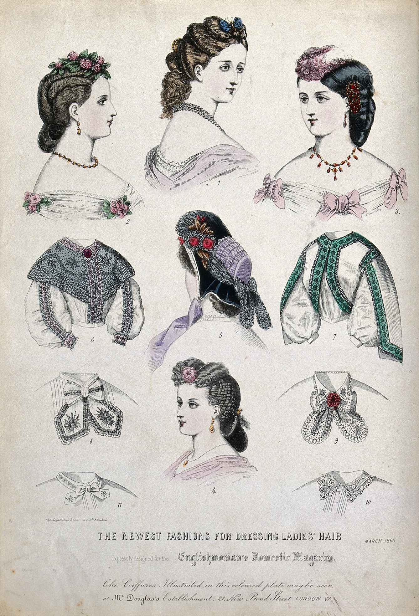 Colour illustration showing the  heads and shoulders of five women wearing their hair dressed with flowers, butterflies, feathers, jewellery and a hat. The image also shows different bodice and collar designs, and hairstyles.