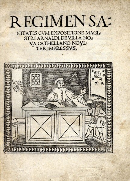 A woodcut illustration of a man sitting at a desk. On the desk is an open book, on the wall above him are dividers; and at the window a moon and stars are visible.