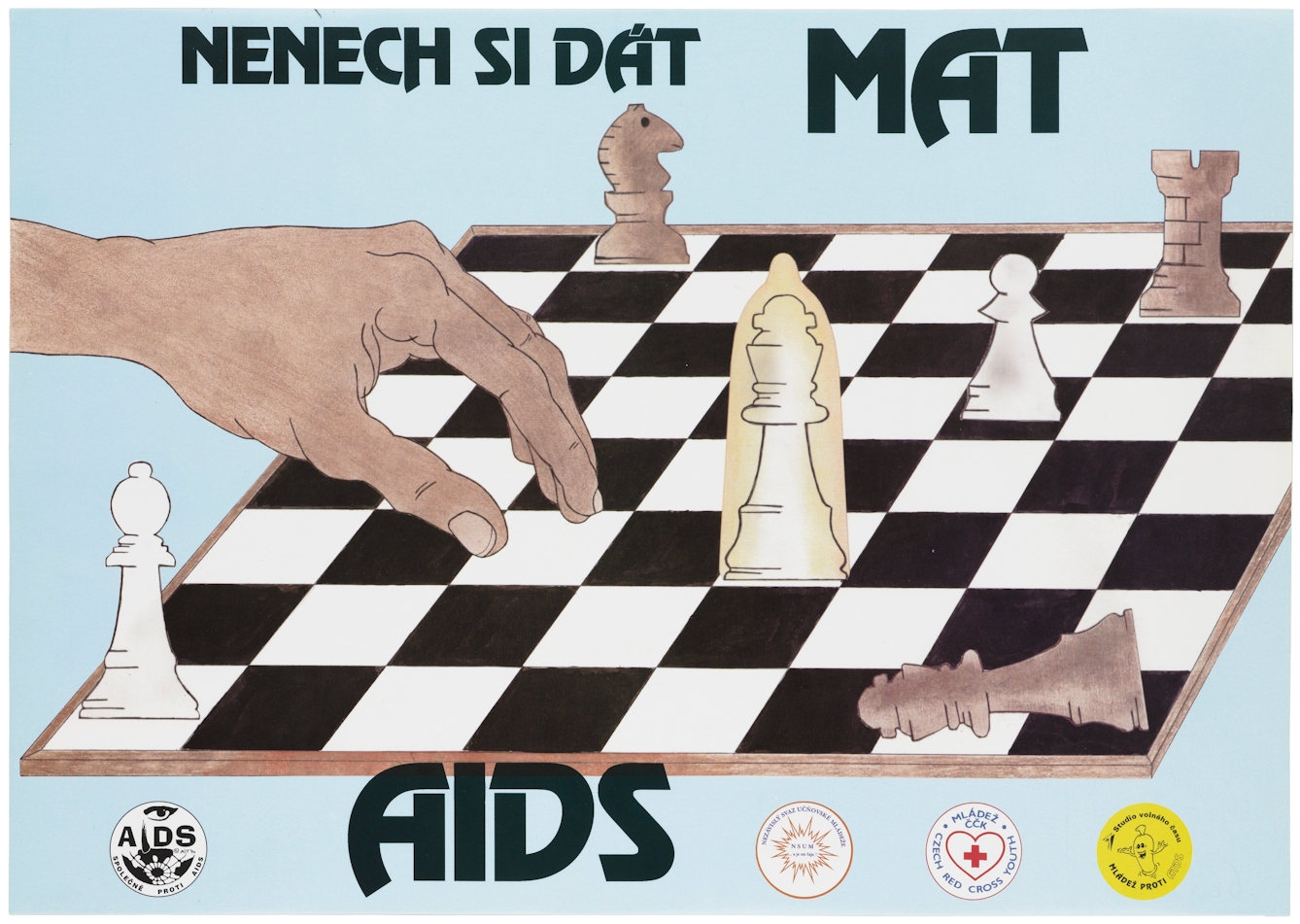A colour lithograph showing a hand hanging over a chessboard has made its last move: white wins because the white king is protected by a condom; representing protection against AIDS.