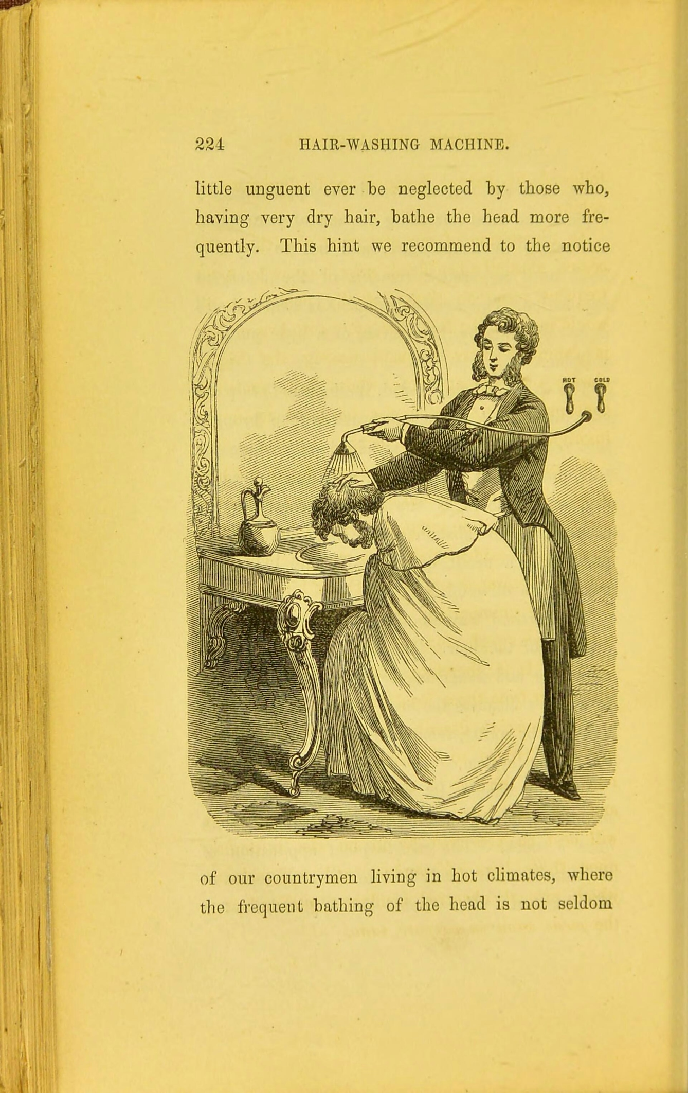 Monochrome printed illustration showing a barber washing a man's hair over a basin with a hose attached to the adjacent wall. Chapter heading above the illustration reads 'HAIR WASHING MACHINE.'