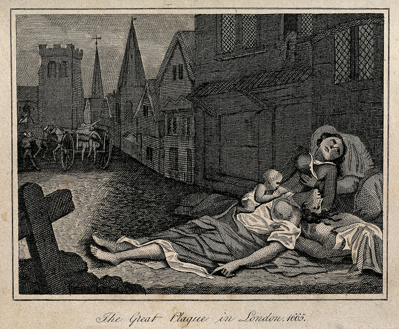 Two dead women lying in a London street during the 1665 plague