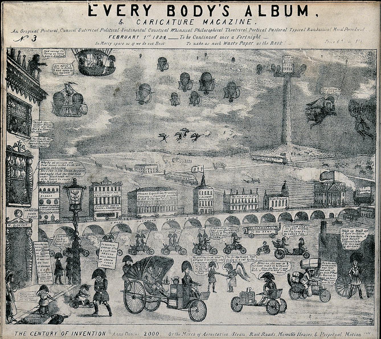 Lithograph showing transportation of the future as imagined in 1834, featuring hot air balloons in the sky and motor vehicles manned by servants in large hats below on the roads.