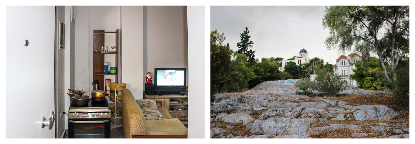 Photographic colour diptych. The image on the left shows an internal view of a living room. In the centre of the image is a free-standing cooked with pots and pans on top of it. To the right is a sofa and a television next to which a small Father Christmas figure is standing. The image on the right shows a parkland made up of rock outcrops, trees and shrubs. In the distance are two grand buildings nestled in the landscape.
