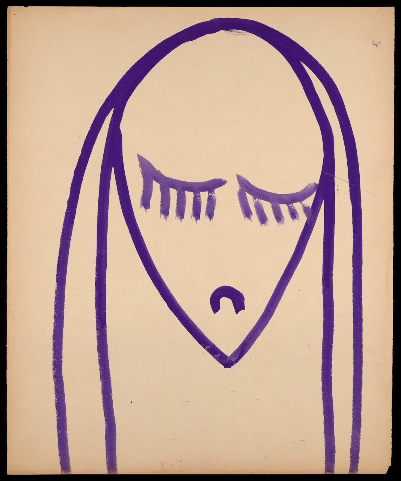 Photograph of a watercolour artwork showing an abstract outline drawing in purple. The image seems to show a young woman’s face and head, her eyes closed or lowered and her mouth turned down, creating a sad expression.