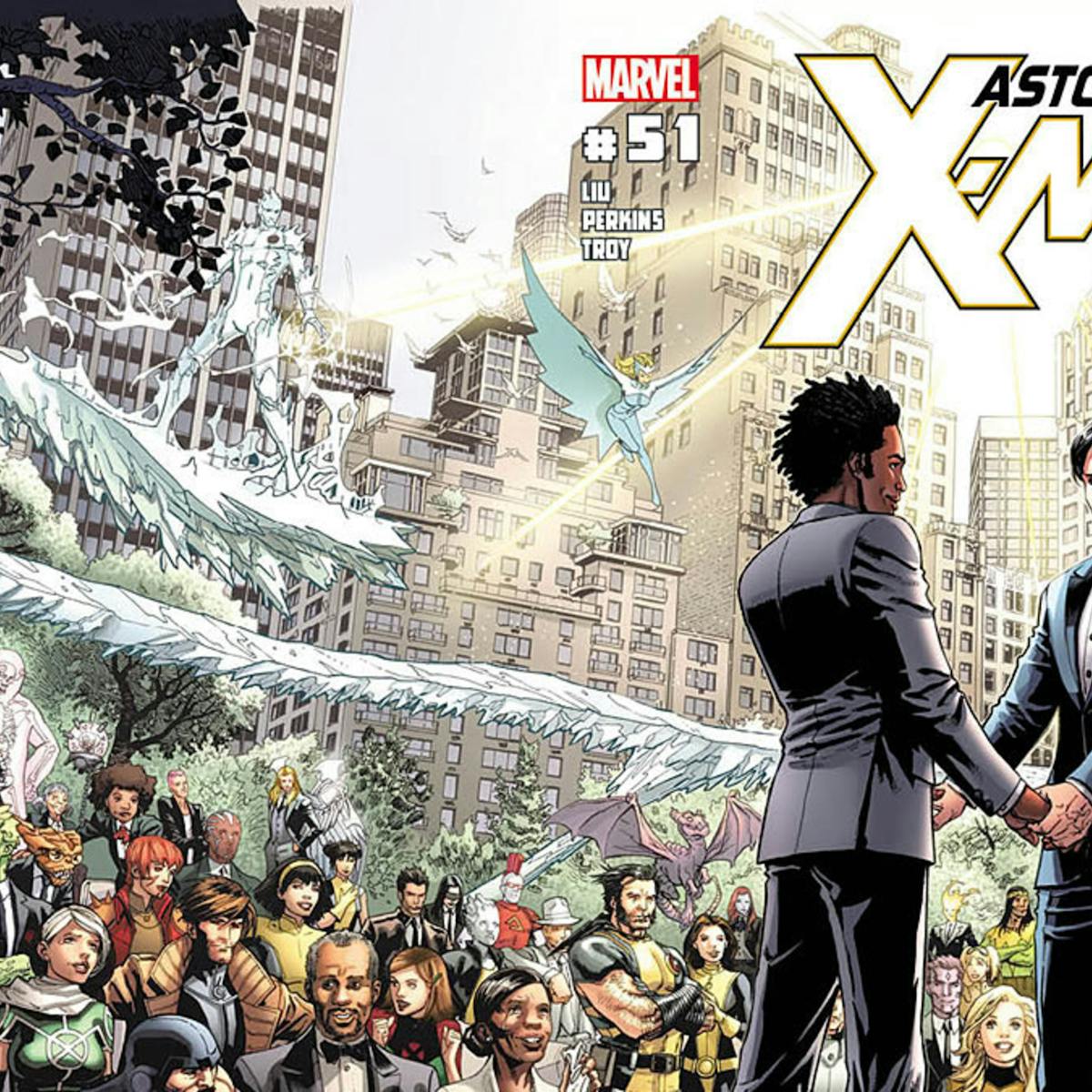 Cover of Astonishing X-Men featuring two male characters in the foreground getting married