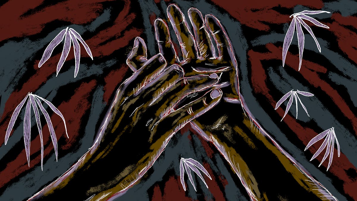 Colour digital artwork showing a figurative study of a pair of hands gracefully suspended in mid air, visible from just above the wrists. The hand on the right is held palm towards us, fingers stretched out. The hand on the left is facing away from us, fingers lightly touching the palm of the other hand. The background is made up of dark textured rough lines of dark red, dark blue greys and blacks, punctuated by white outlined purple leaf-like plants.