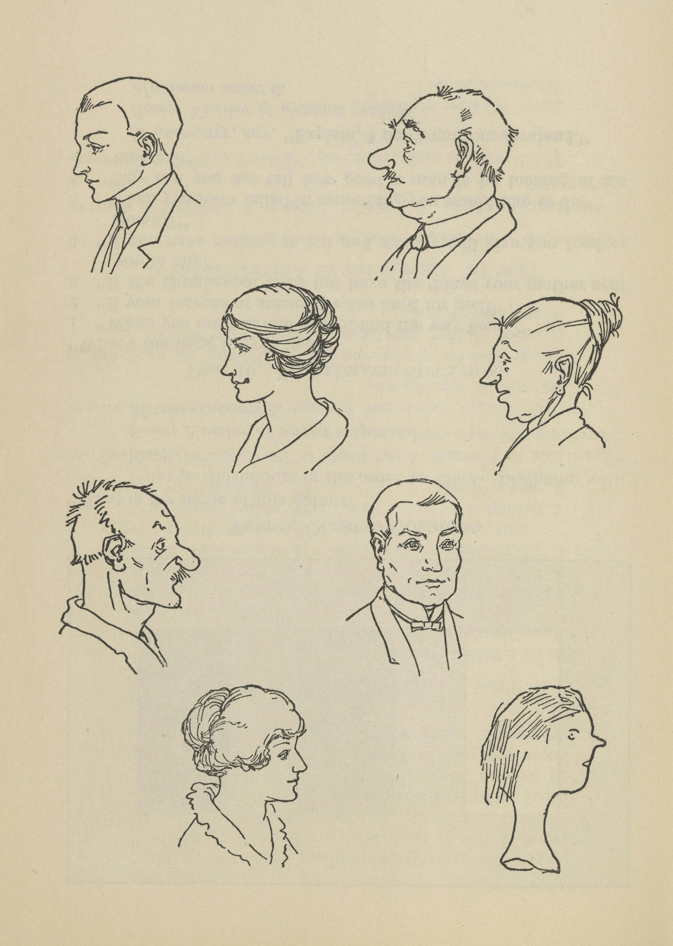Black and white line drawing showing several people’s faces in profile.