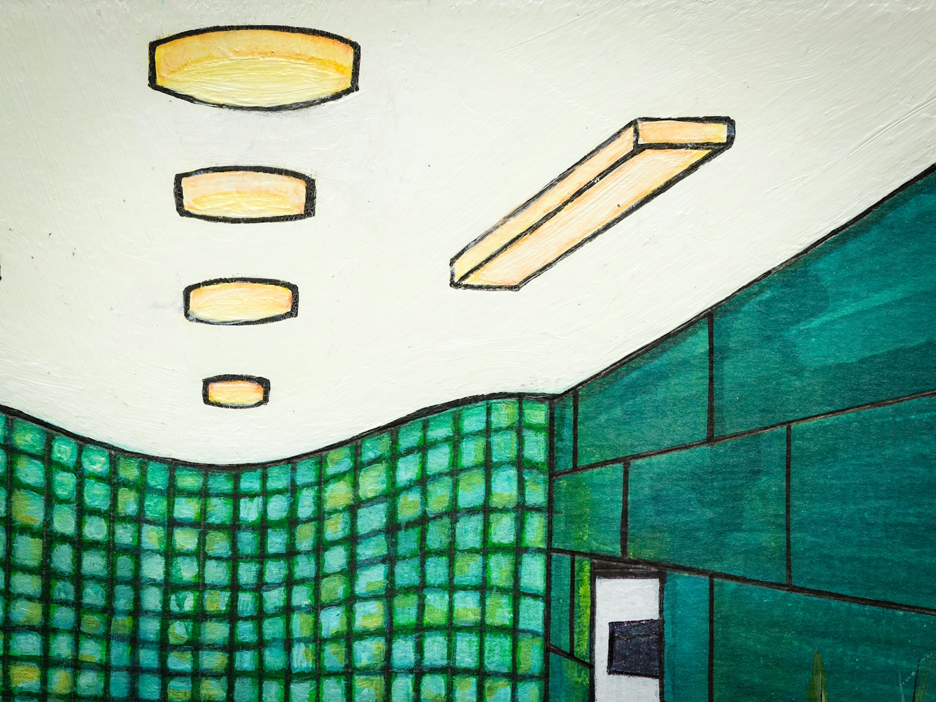 Detail from larger artwork made with paint and ink on textured watercolour paper. The artwork shows the decor of a hospital room with tiled walls and strip lighting.