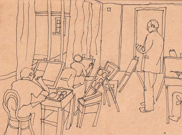 A sketch by Beth Hopkins of seated artists in an art studio and a teacher standing in the centre.