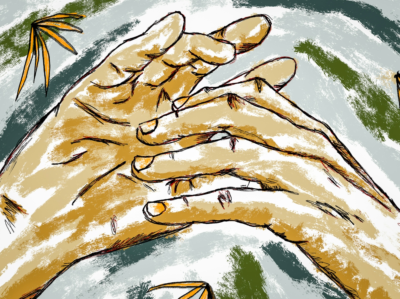 Detail from a larger colour digital artwork showing a figurative study of a pair of hands gracefully suspended in mid air, visible from just above the wrists. The hand on the left is held palm towards the viewer, fingers slightly extended. The hand on the right is palm facing down, fingers extended slightly towards the palm of the other hand, fingertips just making gentle contact. The background is made up of light textured rough lines of green, light blue greys and whites, punctuated by yellow leaf-like plants.