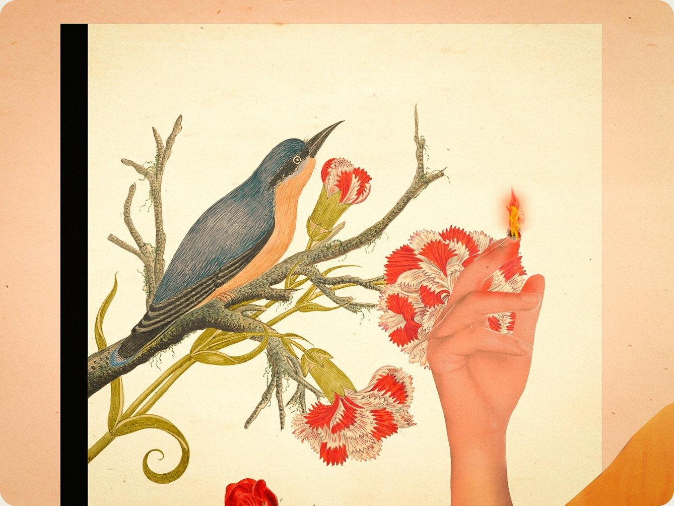Detail from a larger mixed media digital artwork combining found imagery from vintage magazines and books with painted and textured elements. The overall hues are oranges, yellows and reds. At the centre of the artwork is a recessed window frame. Through the window a drawing of a kingfisher can be seen, perching on a branch next to a green stem from which red and white flowers are blooming. Appearing into the image from the right is the raised right hand of a woman and  a flame is appearing from her index fingertip.