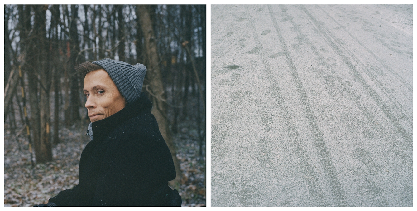 Photographic diptych made up of two square images. The image on the left shows a man pictured from the chest up, looking sideways into the camera. He is wearing a dark coat and a grey wooly hat. He is pictured in a snowy winter woodland. The image on the right shows a path with a thin dusting of snow. In the snow are footprint tracks along with wheel tracks from an off-road wheelchair.