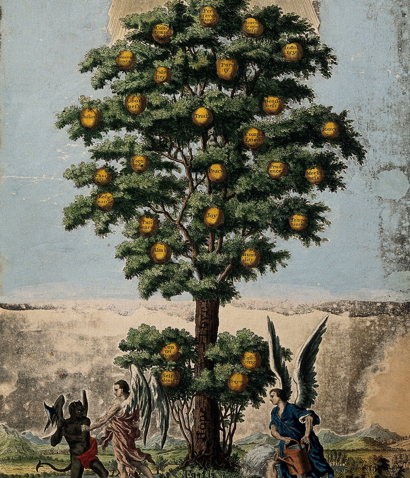 The tree of life laden with the fruits of christian virtues while two angels and a demon stand at its base