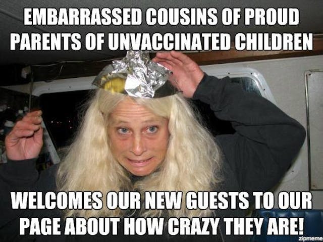 A woman wears a tinfoil hat and is mocked for her unsound opinions.