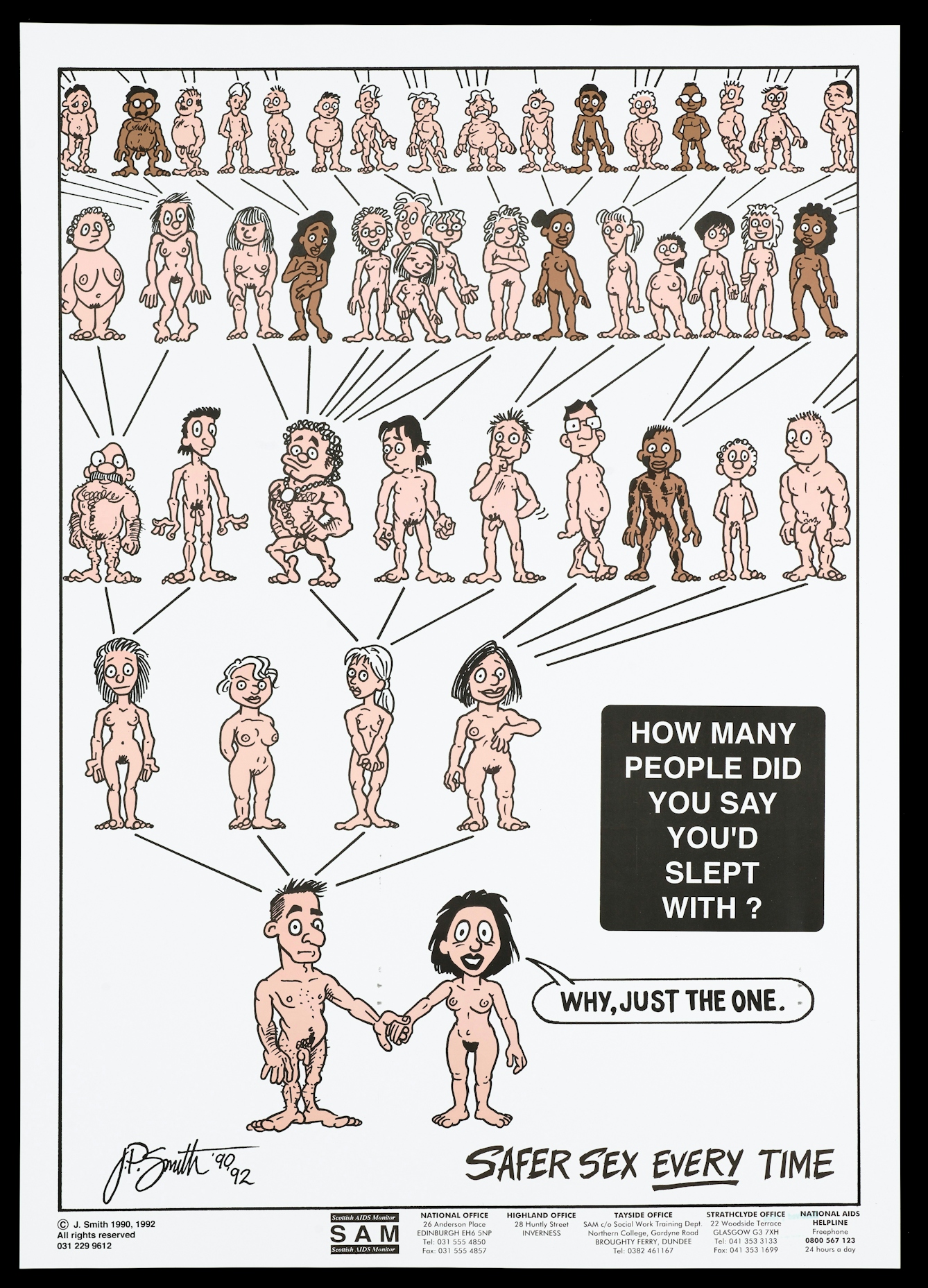 Numerous naked figures laid out in the form of a family tree. Lettering says: How many people did you say you slept with? The woman responds, "Why, just the one."