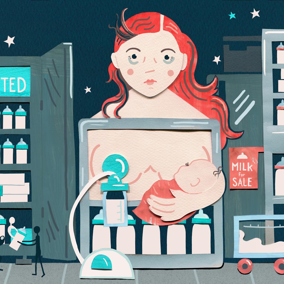 A mixed media illustration depicting a mother breastfeeding. The mother is simultaneously feeding a child and using a breast pump. She is surrounded by fridges of baby bottles filled with milk, with tiny figures of people moving the bottles around. In the background we see stars, depicting that it is nighttime.