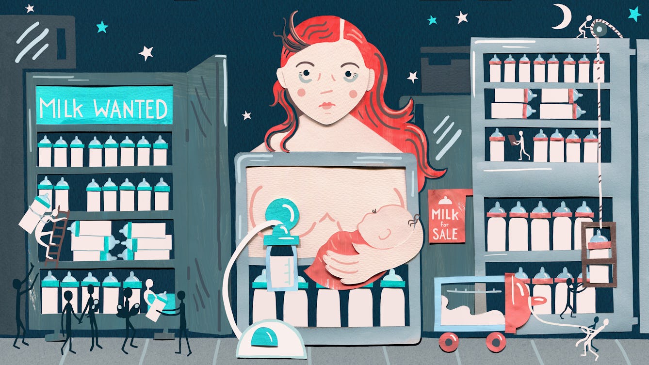 A mixed media illustration depicting a mother breastfeeding. The mother is simultaneously feeding a child and using a breast pump. She is surrounded by fridges of baby bottles filled with milk, with tiny figures of people moving the bottles around. In the background we see stars, depicting that it is nighttime.