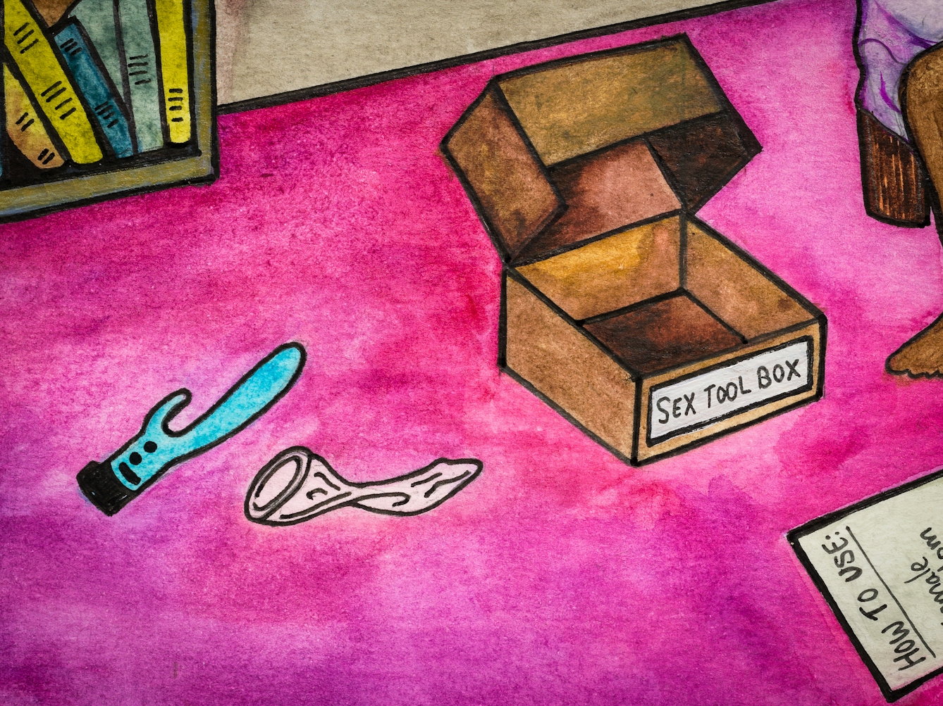 Detail from larger artwork made with paint and ink on textured watercolour paper. The artwork shows a scene in a bedroom with predominantly hues of pink, mauve and yellows. On the floor is an open brown box, with the words 'Sex tool box' written on the side. Scattered around the box is a blue dildo a female condom and set of instructions titled, 'How to use:'.
