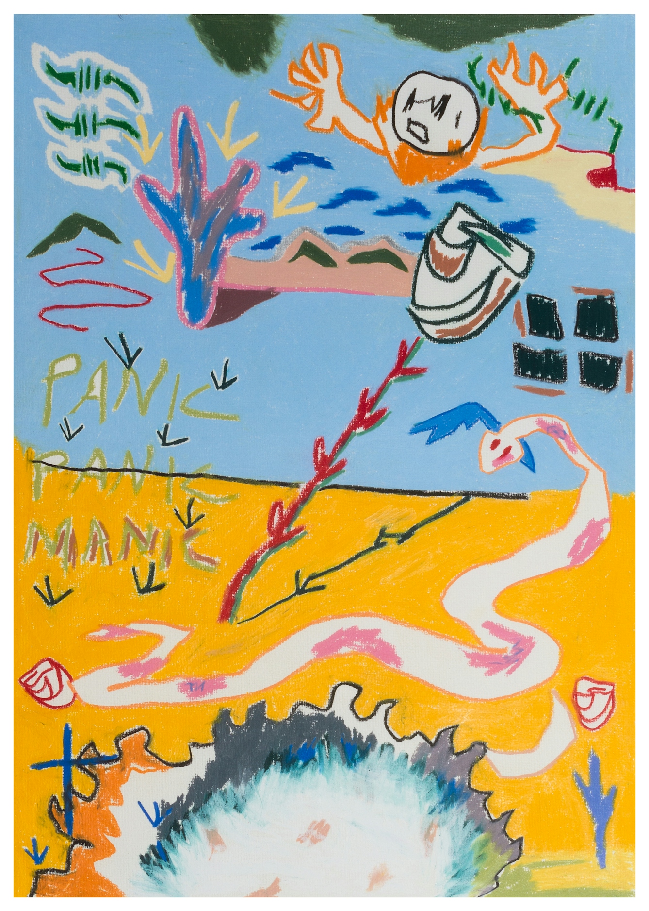 Painted abstract and expressive artwork made up of vibrant colours and graphic forms. The scene shows a horizon line, below which is a yellow sand-like land and above which is a blue sky. In the sky are several forms including a menacing figure showing an angry head with arms and hands raised to either side. There is also a cactus-like shape and small torn sections of photographic film complete with sprocket holes. Crossing the horizon line is a single rose with thorn covered stem and the words "PANIC, PANIC, MANIC". On the sandy surface is a long snake, what looks like a large crater and a cross.