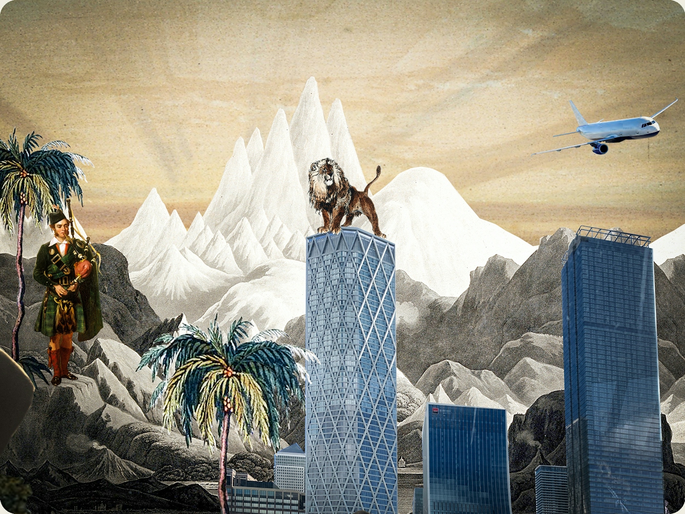 Artwork using collage. The collaged elements are made up archive material which includes vintage photographs, etchings, painted illustrations, lithographic prints and line drawings. This artwork depicts a scene with an urban and rural combined background, where high snow covered mountain peaks rise in the distance. In the middle distance a Scottish piper stands on the hillside playing bagpipes, a lion stands on top of a cluster of large glass and metal skyscrapers. In the sky above is an aeroplane.