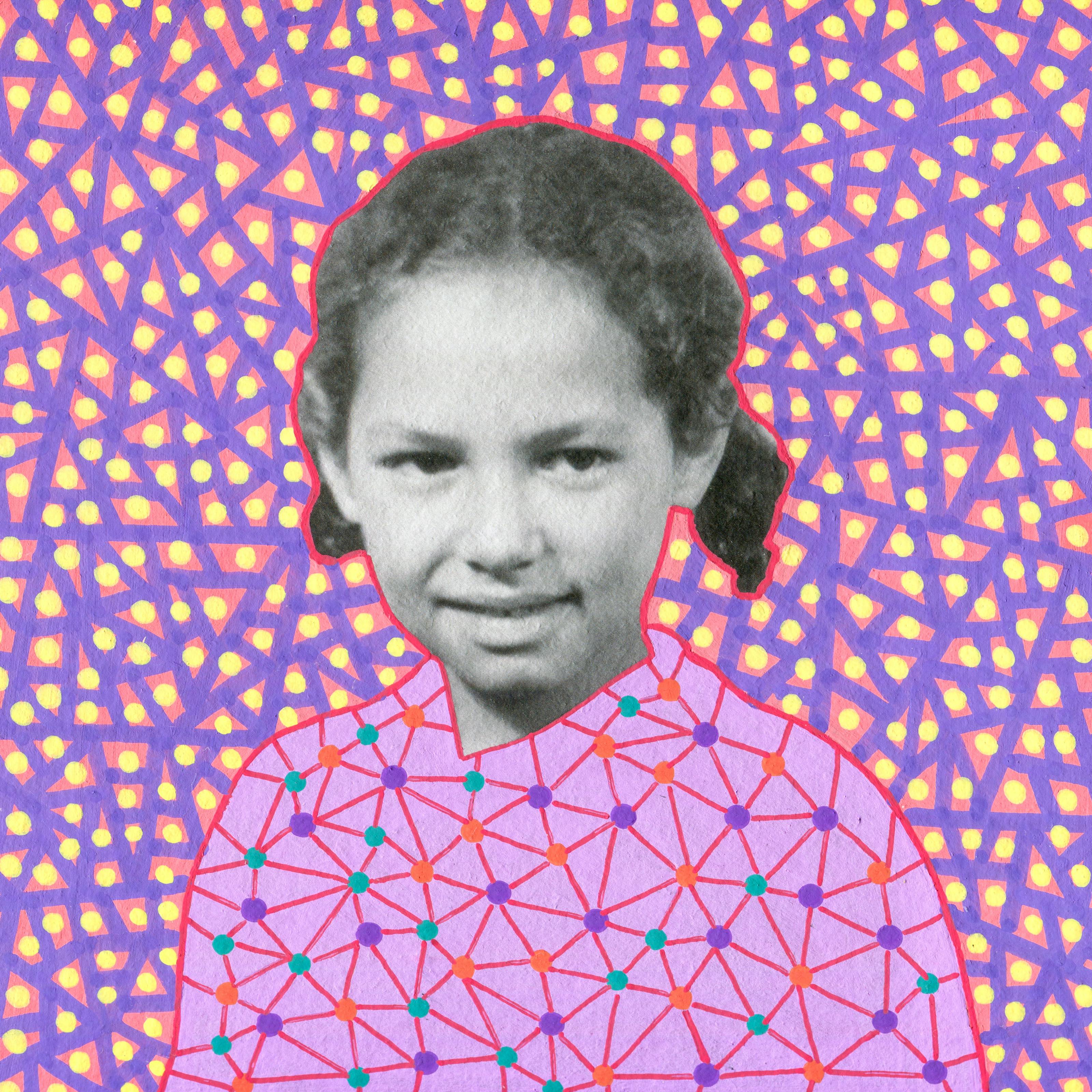 Artwork created by painting over the surface of a black and white photographic print with colourful paint. The artwork shows the original head of a young girl from the photograph beneath. The girl is pictured from the chest up and is smiling off to the right of camera. Apart from her head and face, the rest of the image is a painted red background covered in small yellow dots and thick purple lines crisscrossing the background. The girl's cloths are painted differently, with a light purple background, covered in orange, green and dark purple dots, linked together by straight red lines.