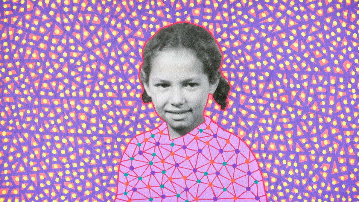 Artwork created by painting over the surface of a black and white photographic print with colourful paint. The artwork shows the original head of a young girl from the photograph beneath. The girl is pictured from the chest up and is smiling off to the right of camera. Apart from her head and face, the rest of the image is a painted red background covered in small yellow dots and thick purple lines crisscrossing the background. The girl's cloths are painted differently, with a light purple background, covered in orange, green and dark purple dots, linked together by straight red lines.