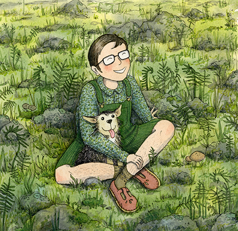 Colour illustration of Katie Green sitting cross legged in a green and rocky landscape. She is smiling broadly and sitting in her lap is a small dog.