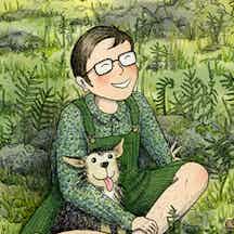 Colour illustration of Katie Green sitting cross legged in a green and rocky landscape. She is smiling broadly and sitting in her lap is a small dog.