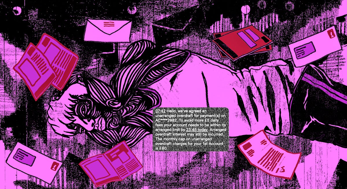 Illustration in black, purple and red tones, showing a person lying on the floor with their arms clasped around their head. Surrounding them are letters, envelopes, text messages and leaflets.