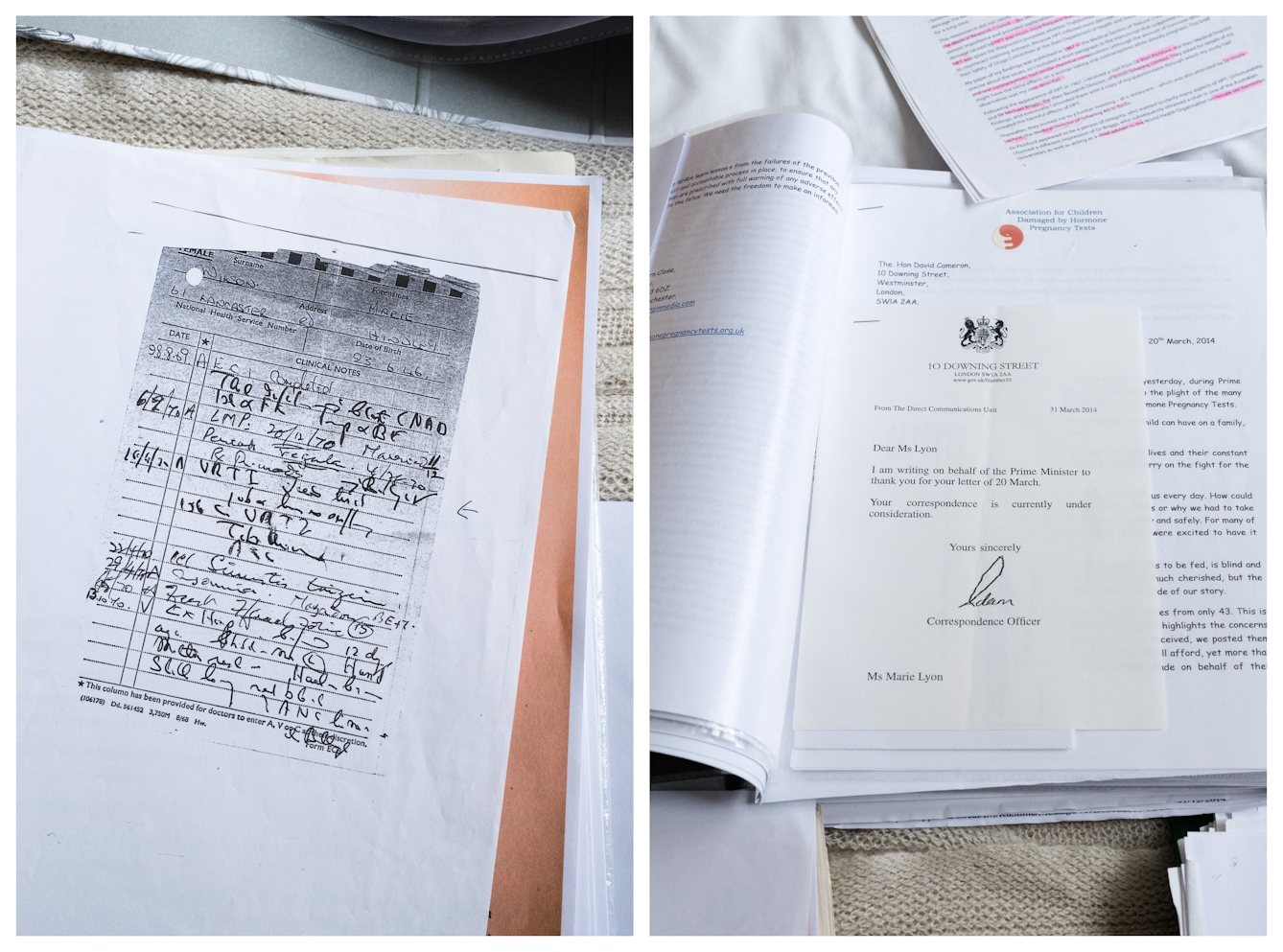 Photographic Diptych of paperwork laid out on a bed spread. The image on the left shows a photocopy of a medical record for Marie, detailing Primodos. The image on the right show a letter Marie received from 10 Downing Street in 2014 replying to her correspondence.