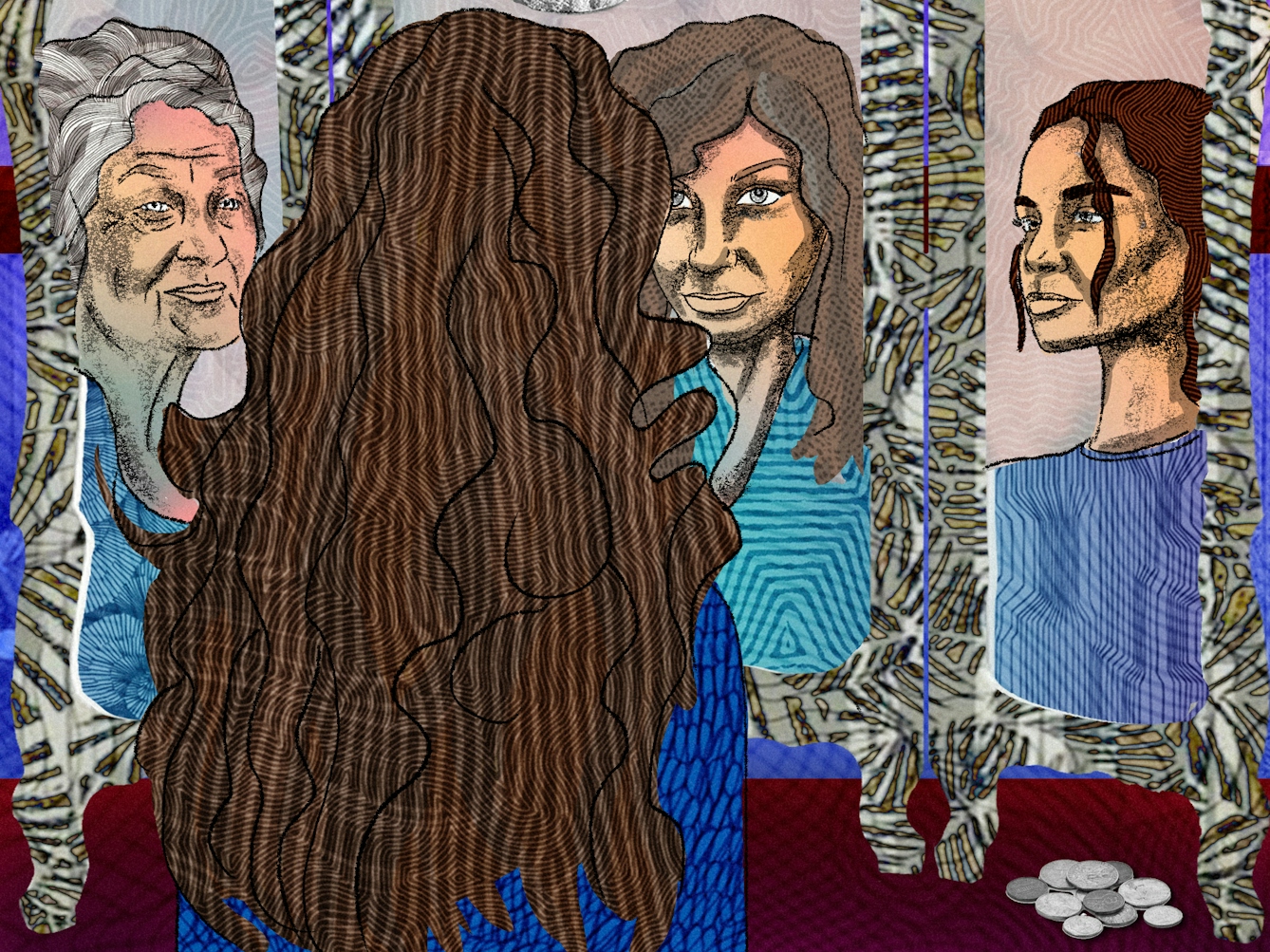 Detail from a larger abstract digital illustration depicting a woman with long hair looking into a dressing table mirror which has three angled sides. Looking back from the mirror is her own reflection as well as those of her mother and her daughter. Surrounding the mirror are images of medication, money and bills as well as a figure representing death. Overall colours for the scene are purples, blues and maroons.